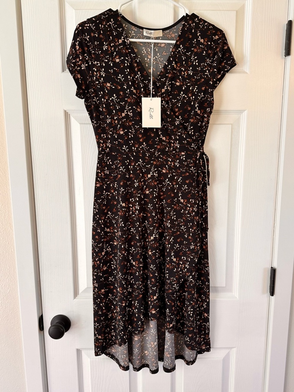Rielle Black and BrownFloral High-Low Wrap Dress